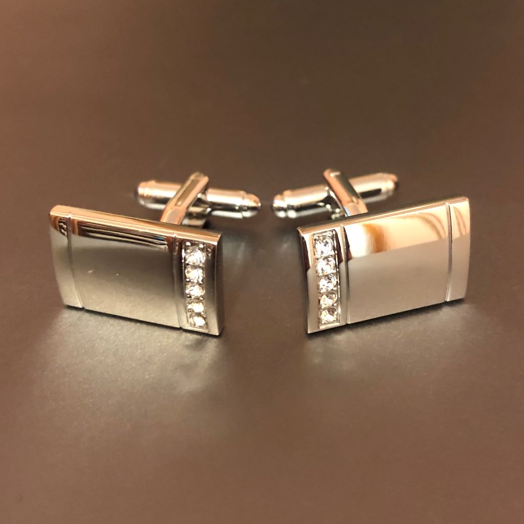 Rectangle Silver Cufflinks with Crystal
