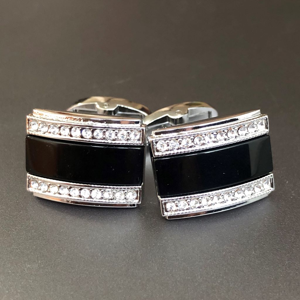 Rectangle Silver Cufflinks with Jet & Crystal