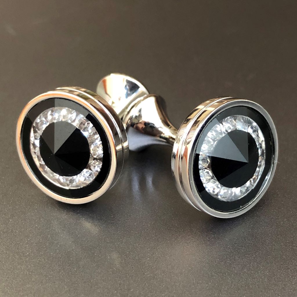Round Silver Cufflinks with Jet & Crystal