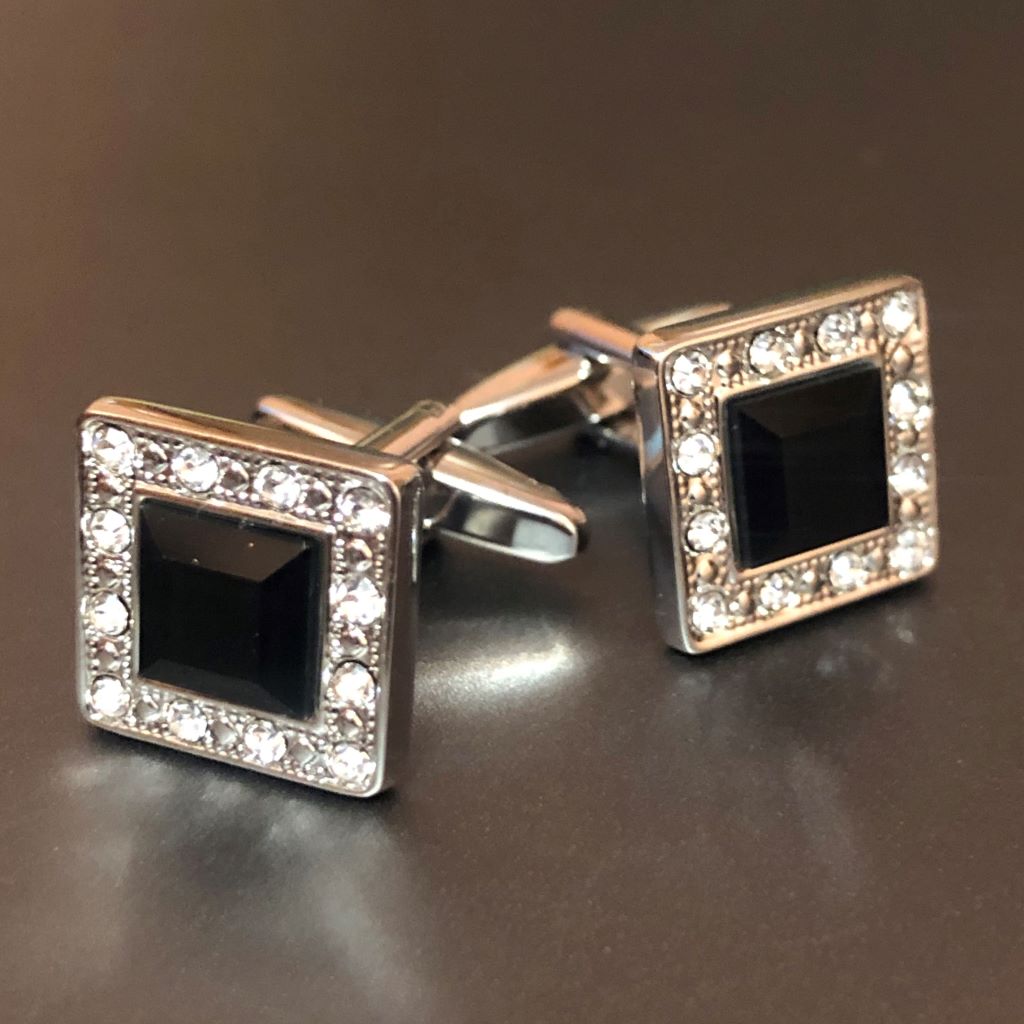 Square Silver Cufflinks with Jet & Crystal