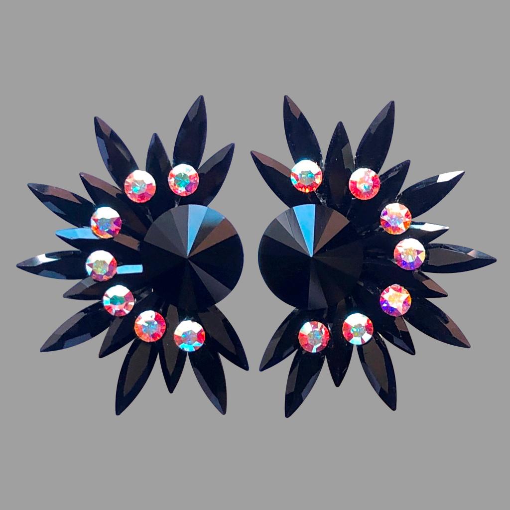Earrings, Jet and Crystal AB Rhinestones