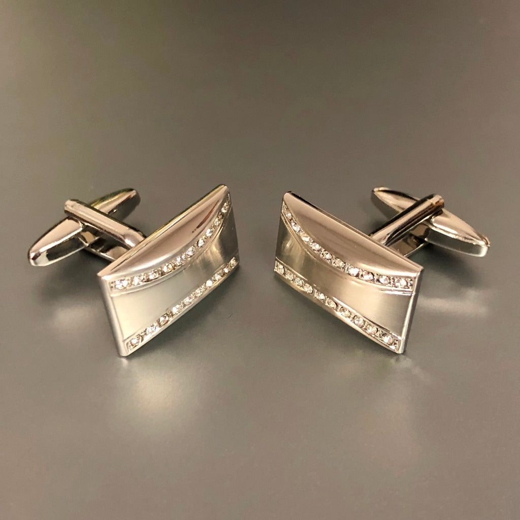 Rectangle Silver Cufflinks with Crystal