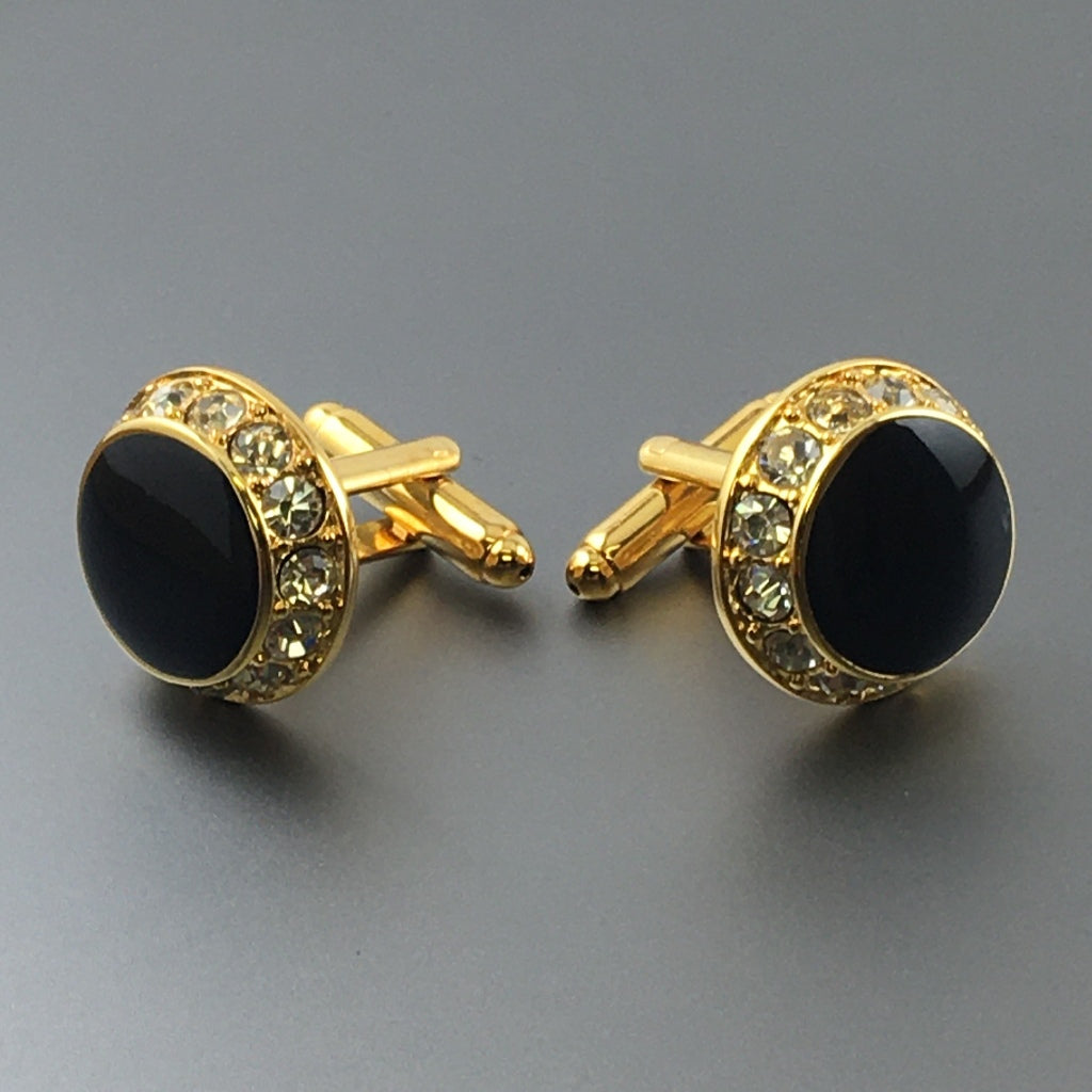Round Gold Cufflinks with Jet & Crystal