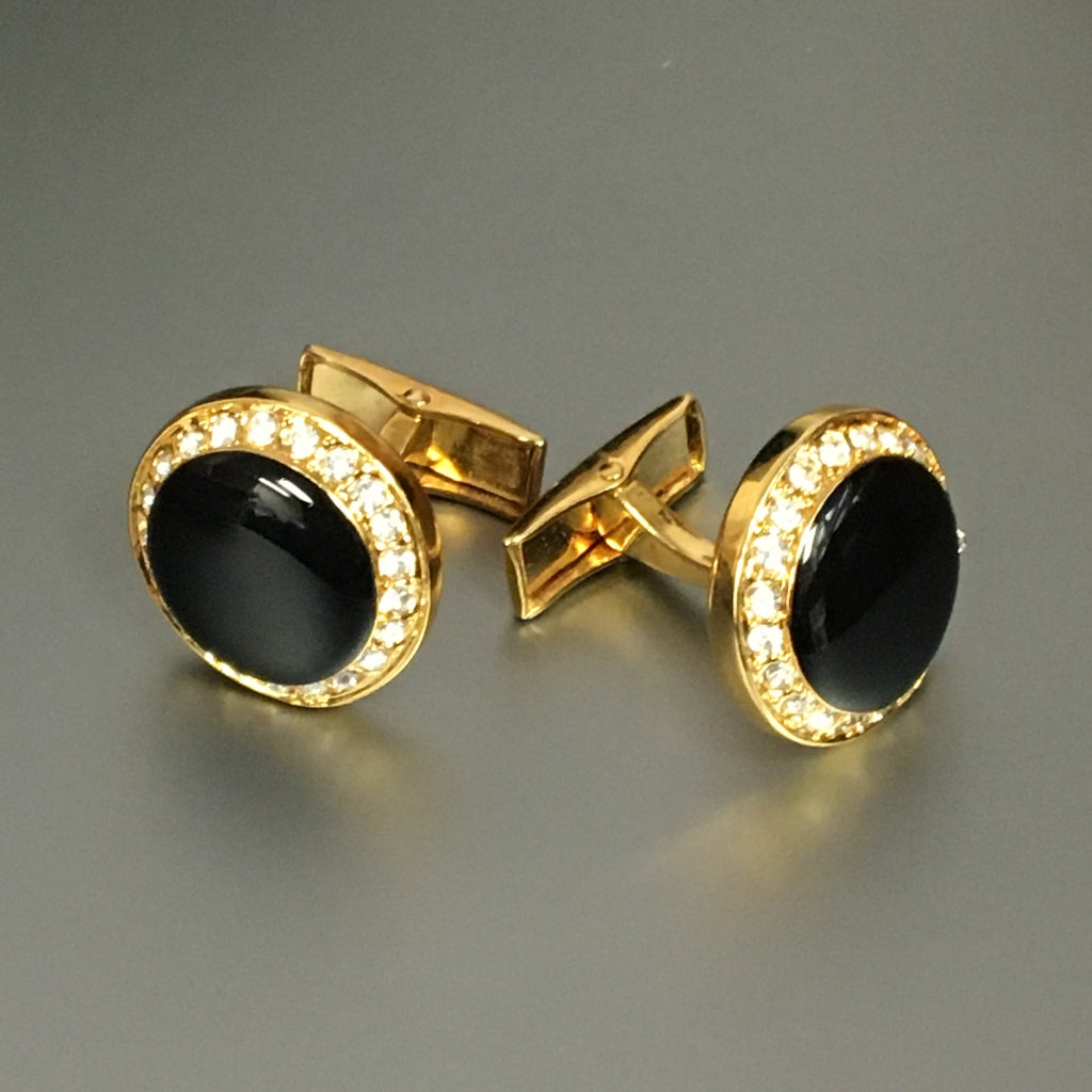 Round Gold Cufflinks with Jet & Crystal