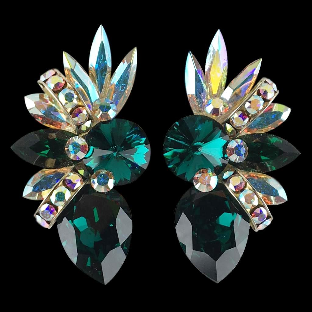 Earrings, Emerald and Crystal AB Rhinestones