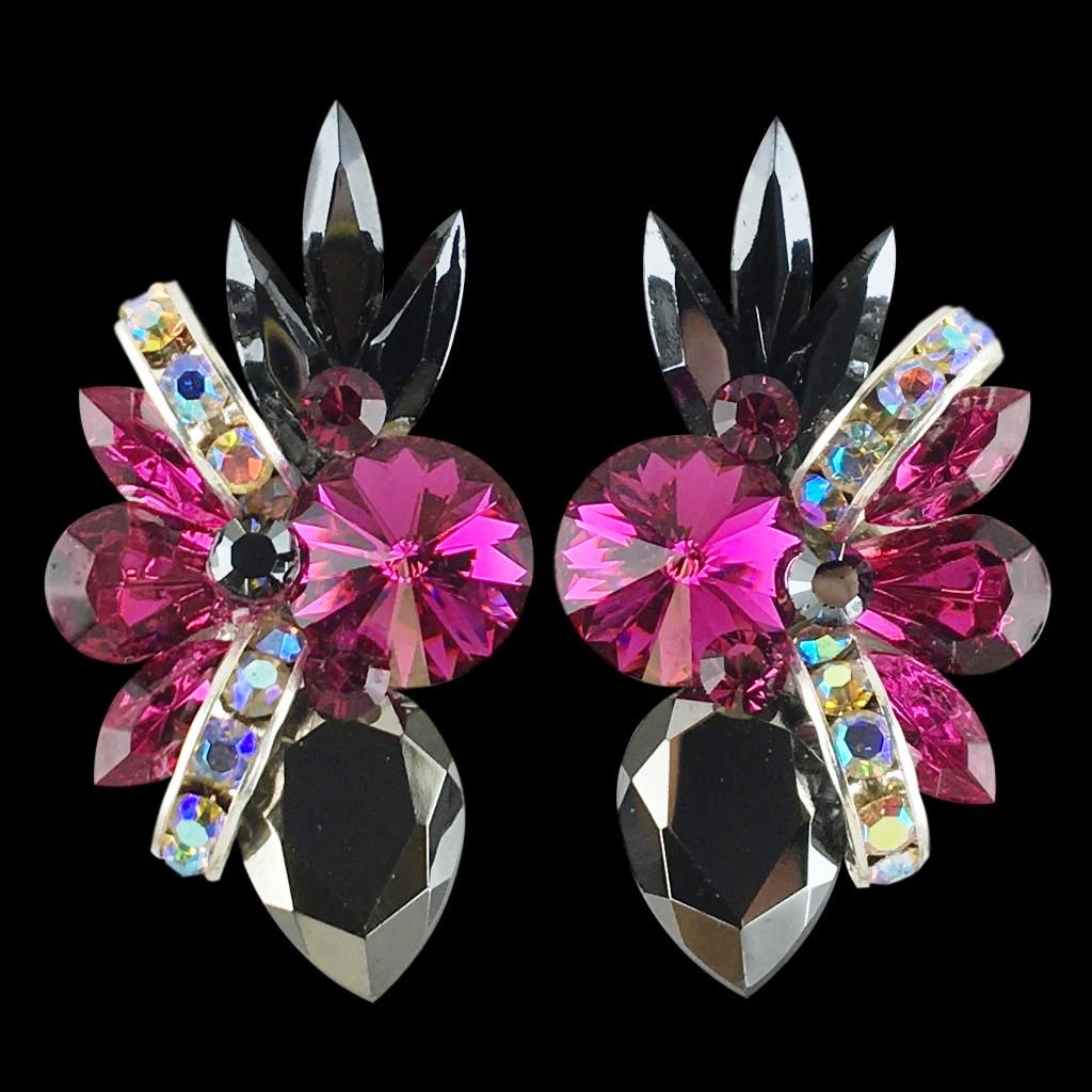 Earrings, Fuchsia and Jet Hematite Rhinestones