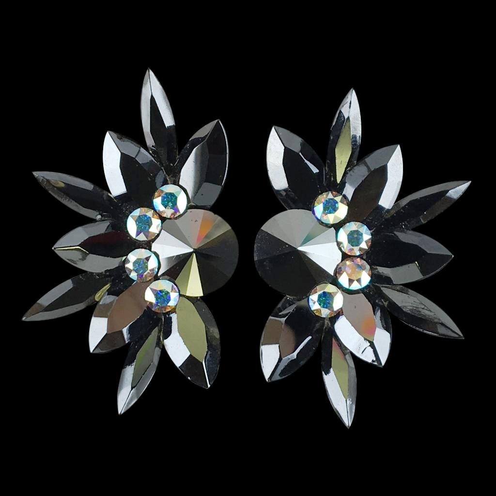 Earrings, Jet Hematite and Crystal AB Rhinestones