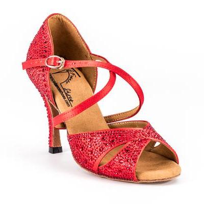 Women's Latin Dance Shoes, Model Gem, Ruby Red, Heel 3.5