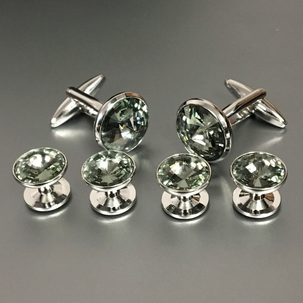 Round Silver Cufflinks and Studs Set with Black Diamond
