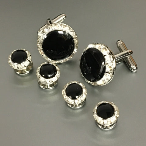 Round Silver Cufflinks and Studs Set with Black Diamond