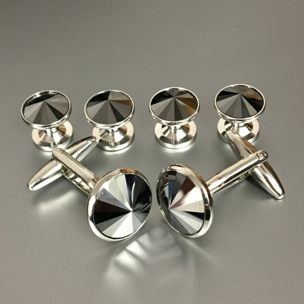 Round Silver Cufflinks and Studs Set with Jet Hematite