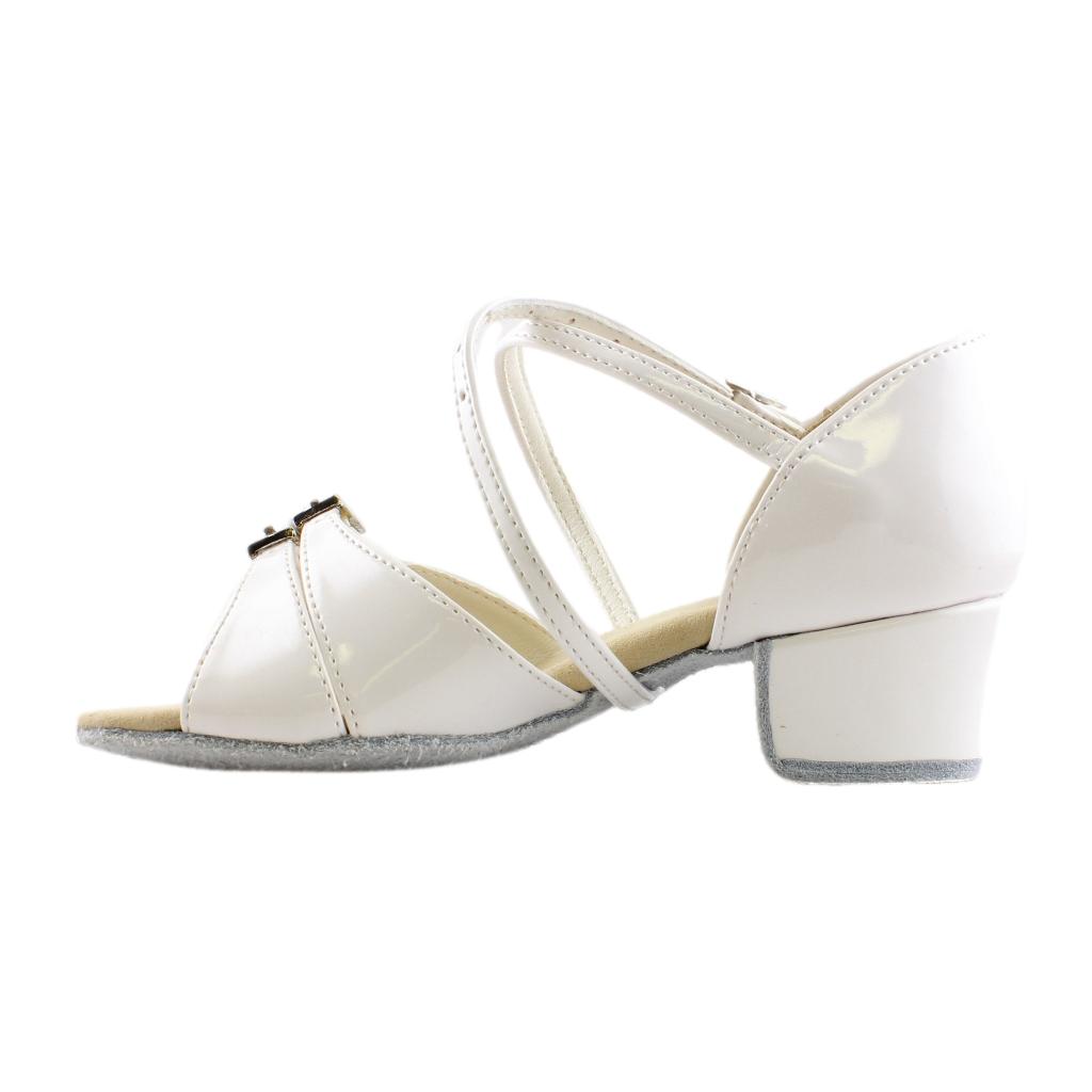 Girls' Latin Dance Shoes, 3066 Tatiana, White Leather & Patent Leather, Block Heel