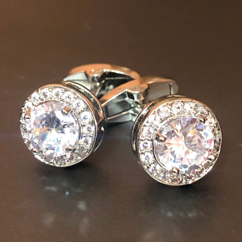 Round Silver Cufflinks and Studs Set with Jet & Crystal