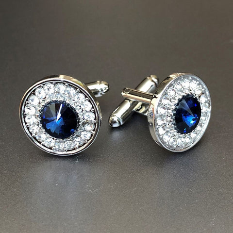 Round Silver Cufflinks and Studs Set with Jet & Crystal
