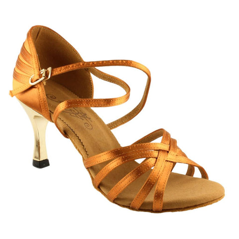 Women's Latin Dance Shoes, Model 820 Blizzard, Tan Satin, Heel 2.5"