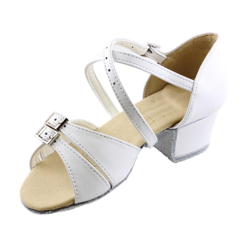 Girls' Latin Dance Shoes, 3066 Tatiana, White Leather, Block Heel