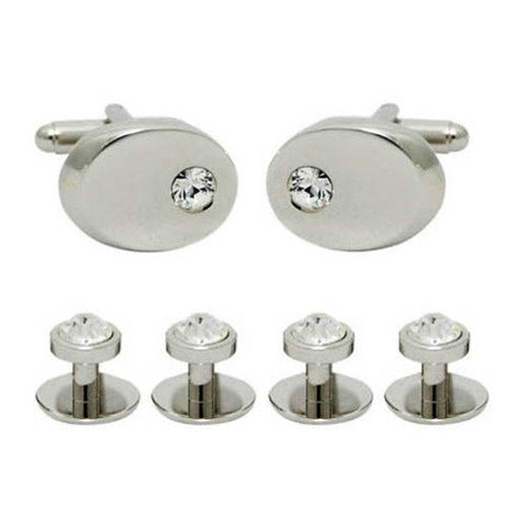 Round Silver Cufflinks and Studs Set with Crystal