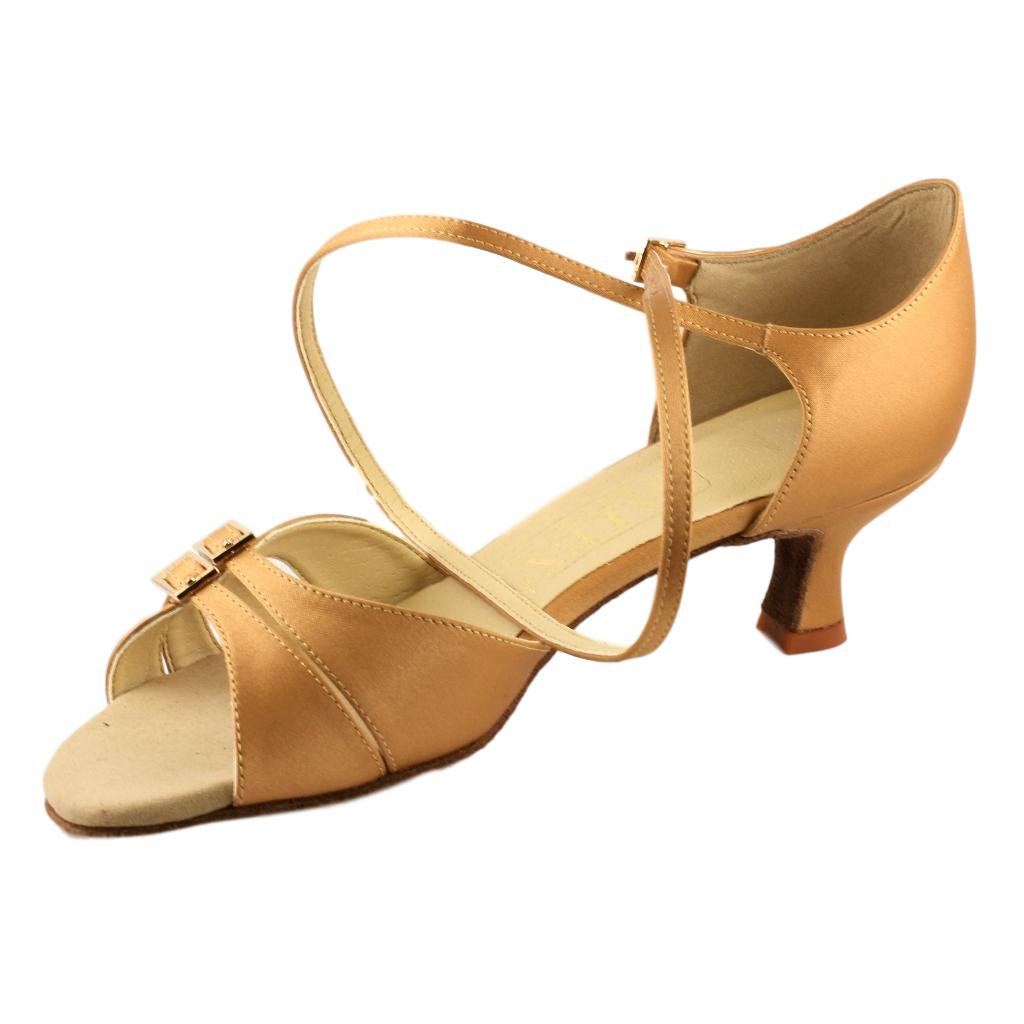 Galex Latin Dance Shoes for Women, Model 2274 Tatiana, Tan Satin, Heel 5cm Flare