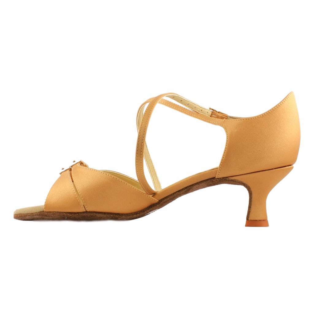 Galex Latin Dance Shoes for Women, Model 2274 Tatiana, Tan Satin, Heel 5cm Flare