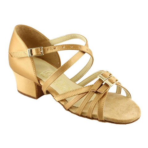 Girls' Latin Dance Shoes, 3070 Polina, Tan Satin, Block Heel