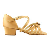 Latin Dance Shoes for Girls, Model 3010 Leron, Tan Satin, Block Heel