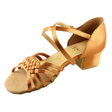 Galex Latin Dance Shoes for Girls, Model 3013 Lilia, Tan Satin, Block Heel