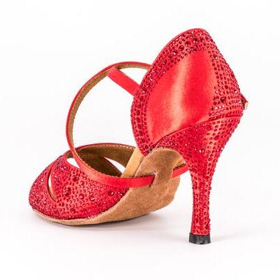 Women's Latin Dance Shoes, Model Gem, Ruby Red, Heel 3.5"