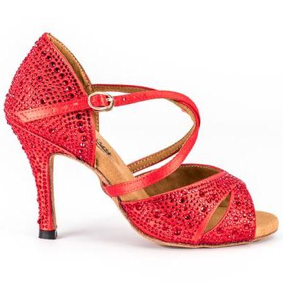 Women's Latin Dance Shoes, Model Gem, Ruby Red, Heel 3.5"