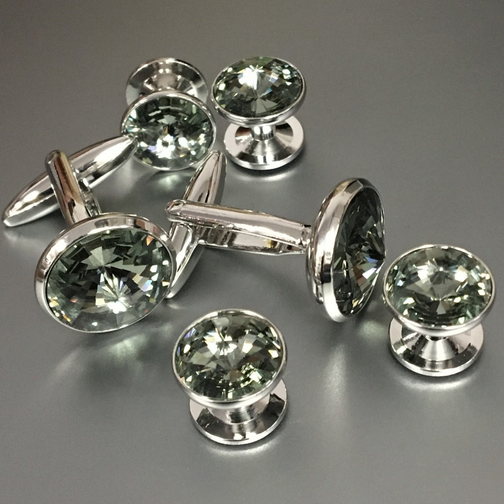 Round Silver Cufflinks and Studs Set with Black Diamond