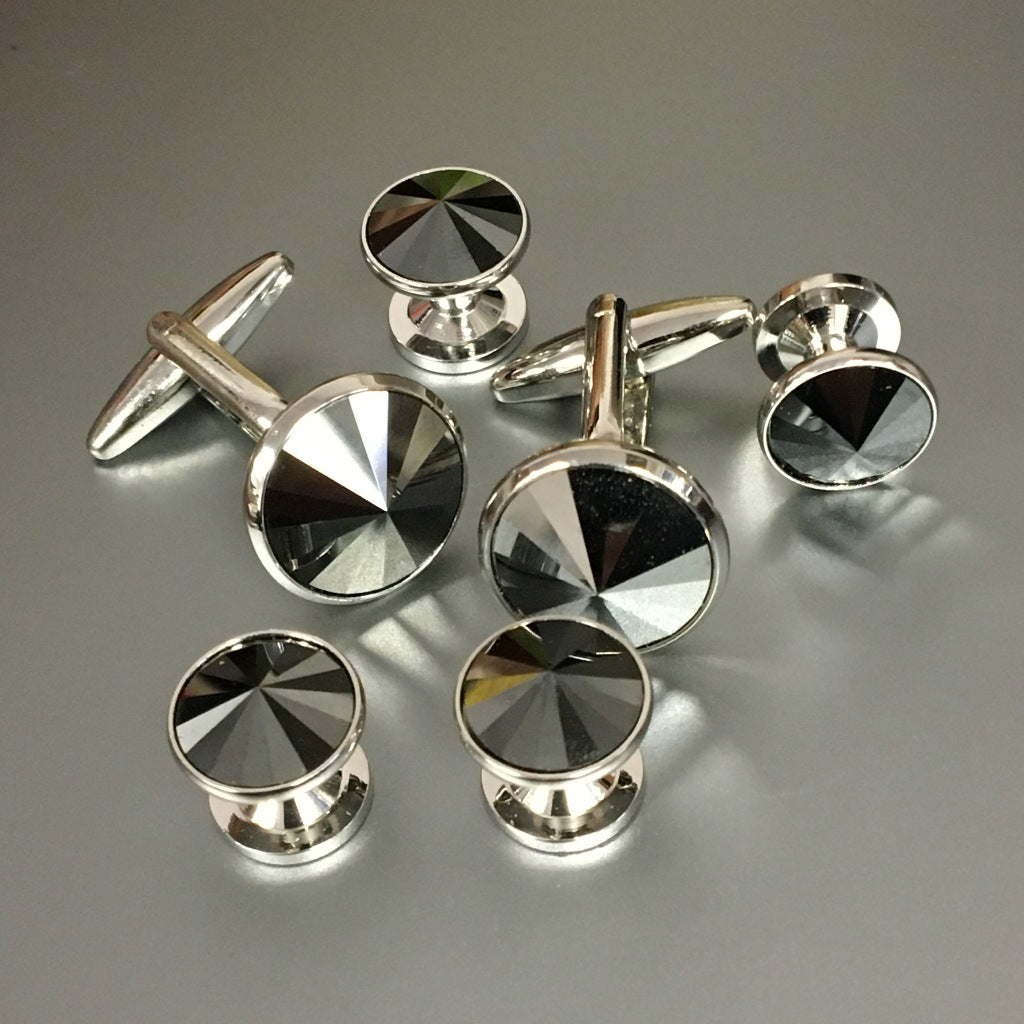 Round Silver Cufflinks and Studs Set with Jet Hematite