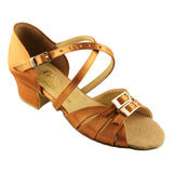 Galex Latin Dance Shoes for Girls, Model 3066 Tatiana, Tan Satin, Block Heel