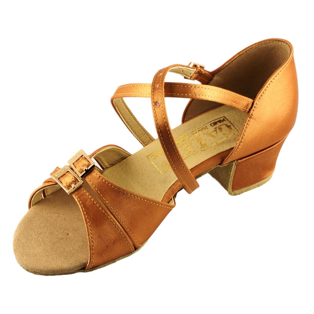 Galex Latin Dance Shoes for Girls, Model 3066 Tatiana, Tan Satin, Block Heel